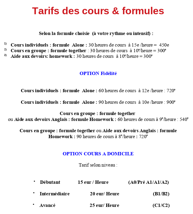 Hudandsonevents cours d'anglais tarif